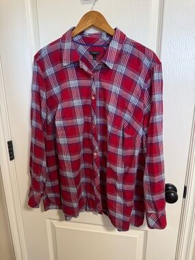 Talbots Plus Size 2X Red Plaid Long Sleeve Cotton Button-Down Blouse